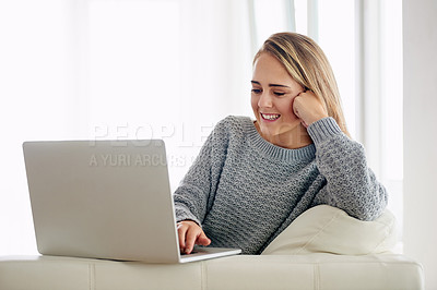 Buy stock photo Home, smile and woman with laptop on sofa for network, subscription and watching online movie. Happy, person and relax with tech in living room for website, streaming and search of film on weekend