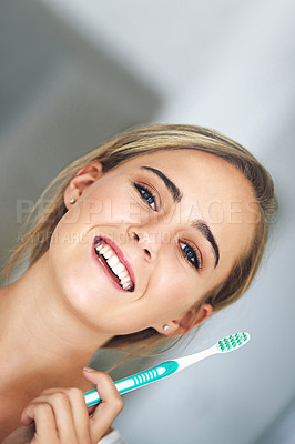 Buy stock photo Dental hygiene, toothbrush and portrait of woman in house for fresh breath, health and grooming routine. Smile, oral care and person brushing teeth for plaque removal or cavity prevention at home.