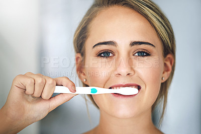 Buy stock photo Dental care, brushing teeth and portrait of woman in home for fresh breath, hygiene and grooming routine. Smile, oral health and person with mouth treatment for plaque removal or cavity prevention.