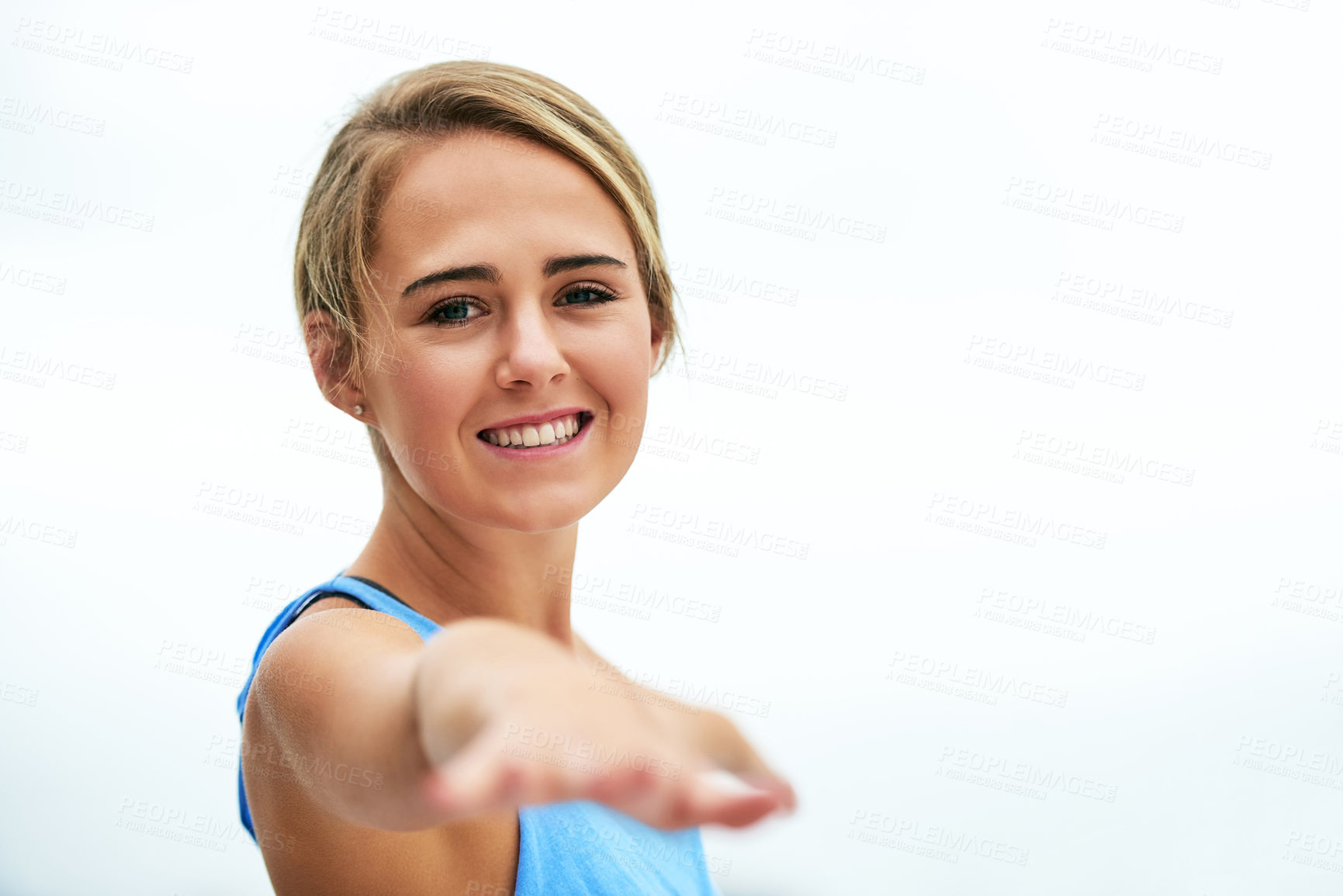 Buy stock photo Outdoor, woman and happy with helping hand for fitness on portrait with exercise, training and workout. Female person, health and smile or satisfied for wellness and wellbeing with support and care