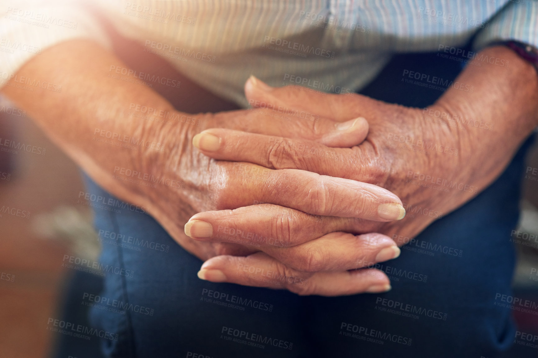 Buy stock photo Senior person, hands and prayer for faith, hope and patience for zen in retirement home for elderly care. Pensioner, religion and trust in spirituality for worship, belief and gratitude in zoom