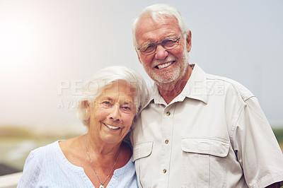 Buy stock photo Senior couple, hug and portrait outdoor with love for vacation, date or relationship together in summer. Man, woman and embrace with happiness and smile in retirement for holiday, care and commitment