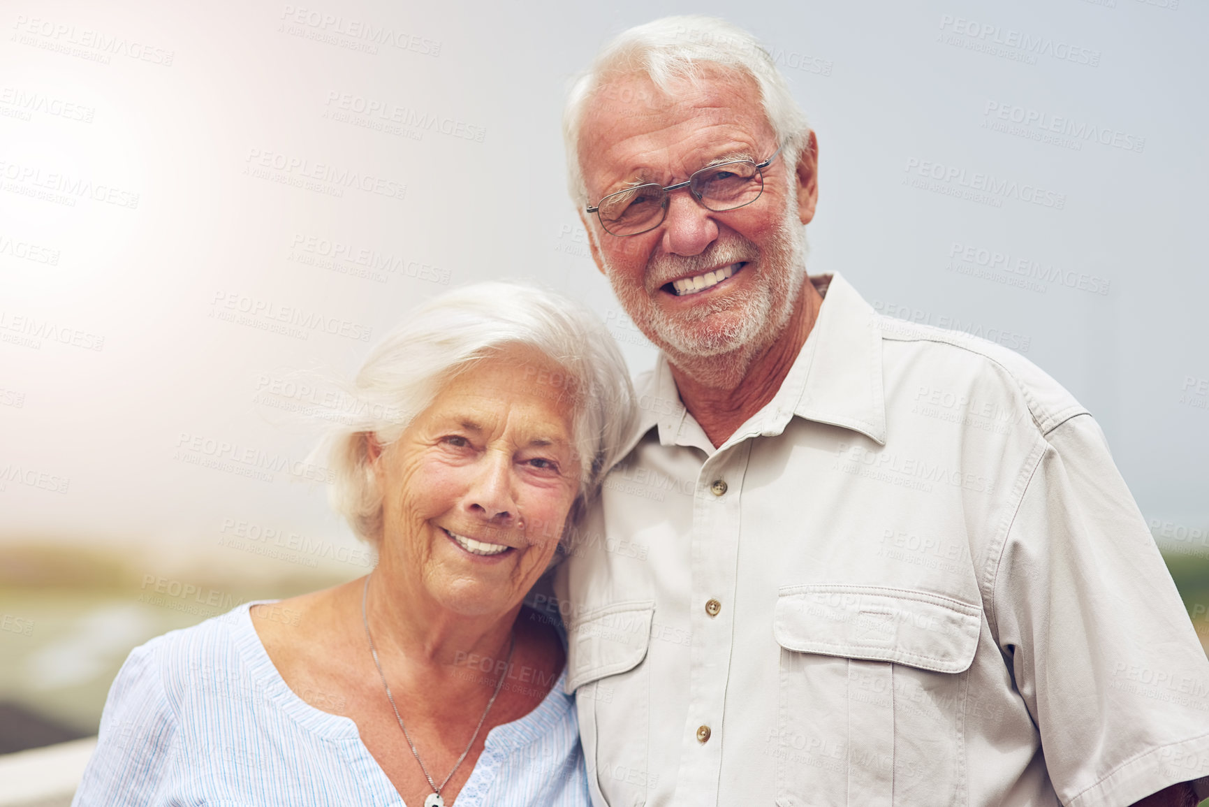 Buy stock photo Senior couple, hug and portrait outdoor with love for vacation, date or relationship together in summer. Man, woman and embrace with happiness and smile in retirement for holiday, care and commitment