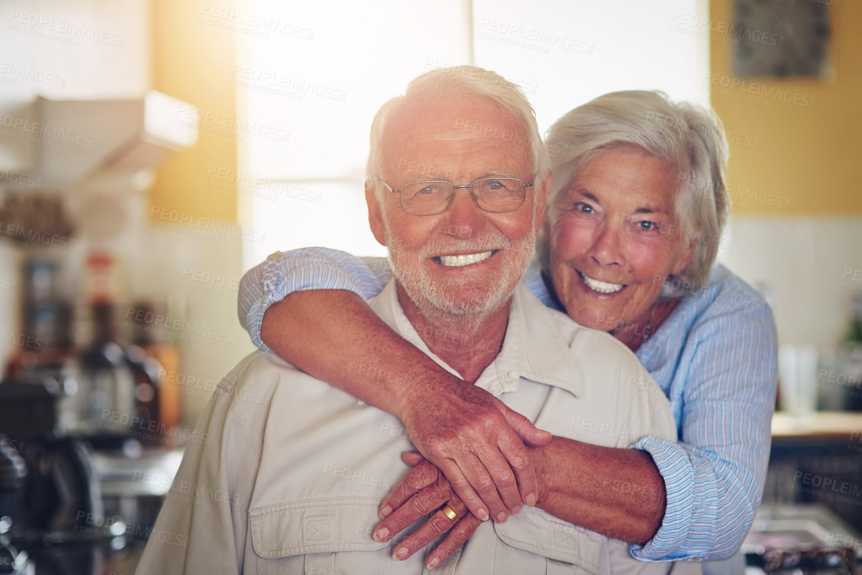 Buy stock photo Portrait of a happy senior couple spending time together at home