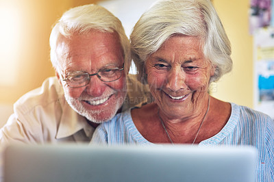 Buy stock photo Senior couple, happy and laptop on video call at home for communication, social media or network for streaming. Technology, computer and face of old man or woman, smile and contact family together