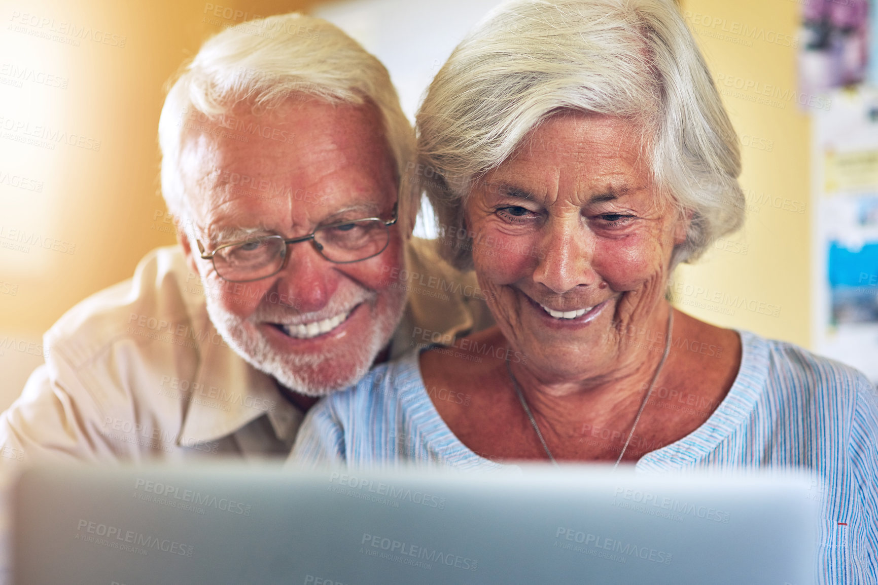 Buy stock photo Senior couple, happy and laptop on video call at home for communication, social media or network for streaming. Technology, computer and face of old man or woman, smile and contact family together