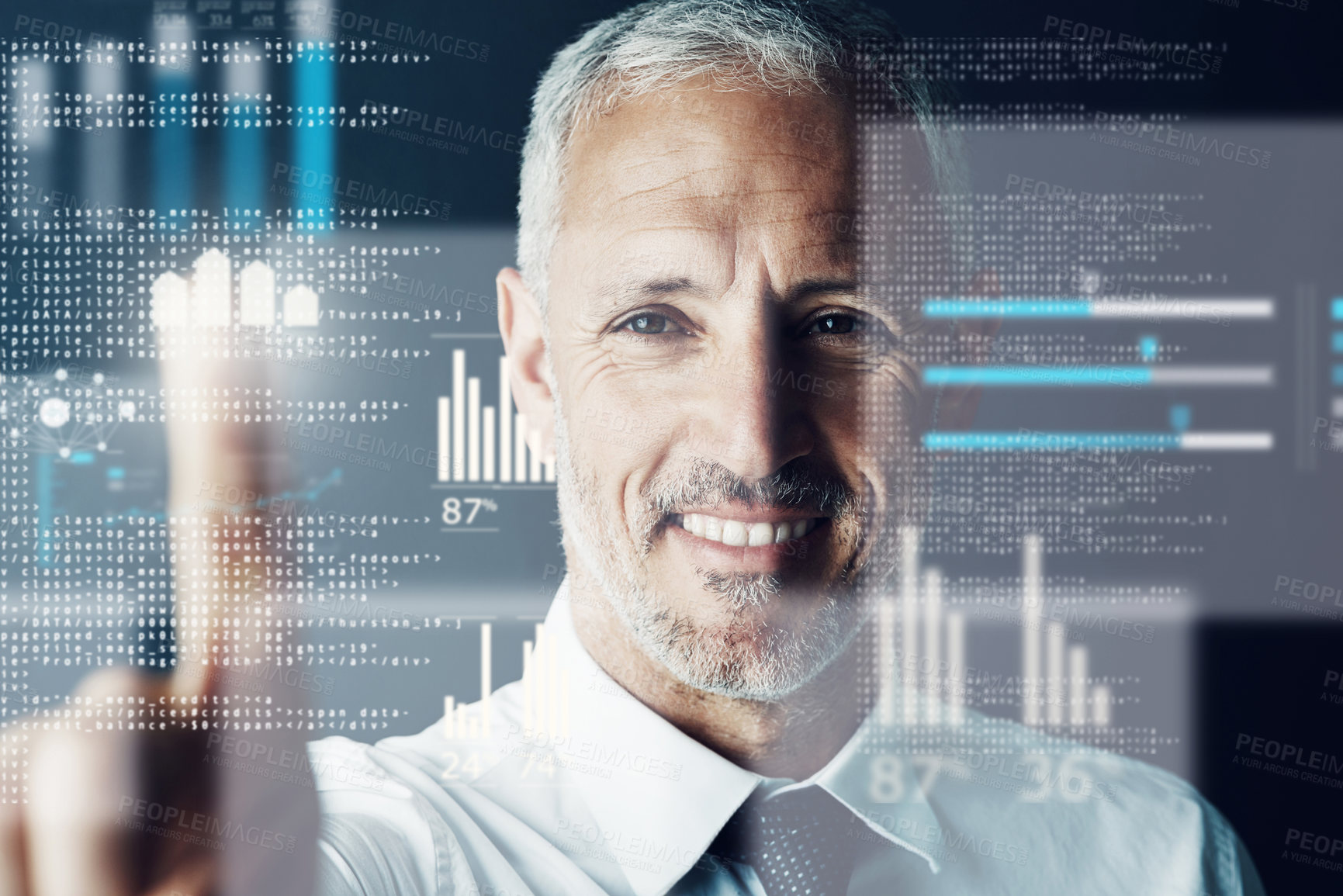 Buy stock photo Shot of a happy businessman holding up his finger as if using a touchscreen in the office