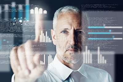 Buy stock photo Businessman, finger and touch with overlay for futuristic interaction, innovation or technology at office. Face, mature or man with UX, UI or digital dashboard for Ai control, HUD or data development