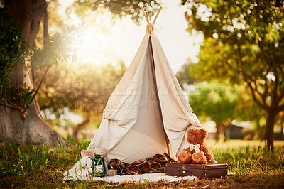 Buy stock photo Shot of an empty children's teepee in a glade in the woods