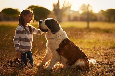 Buy stock photo Shot of a cute little girl teaching her dog a trick while they play outside