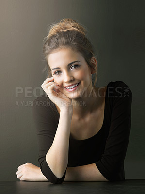 Buy stock photo Happy girl, portrait and relax with makeup for beauty, cosmetics or skincare in studio on a dark background. Face of young female person, performer or ballet dancer with smile for creative arts