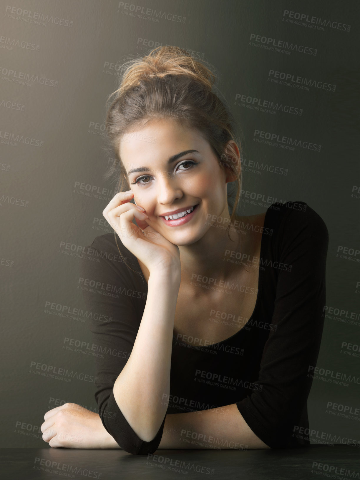 Buy stock photo Happy girl, portrait and relax with makeup for beauty, cosmetics or skincare in studio on a dark background. Face of young female person, performer or ballet dancer with smile for creative arts