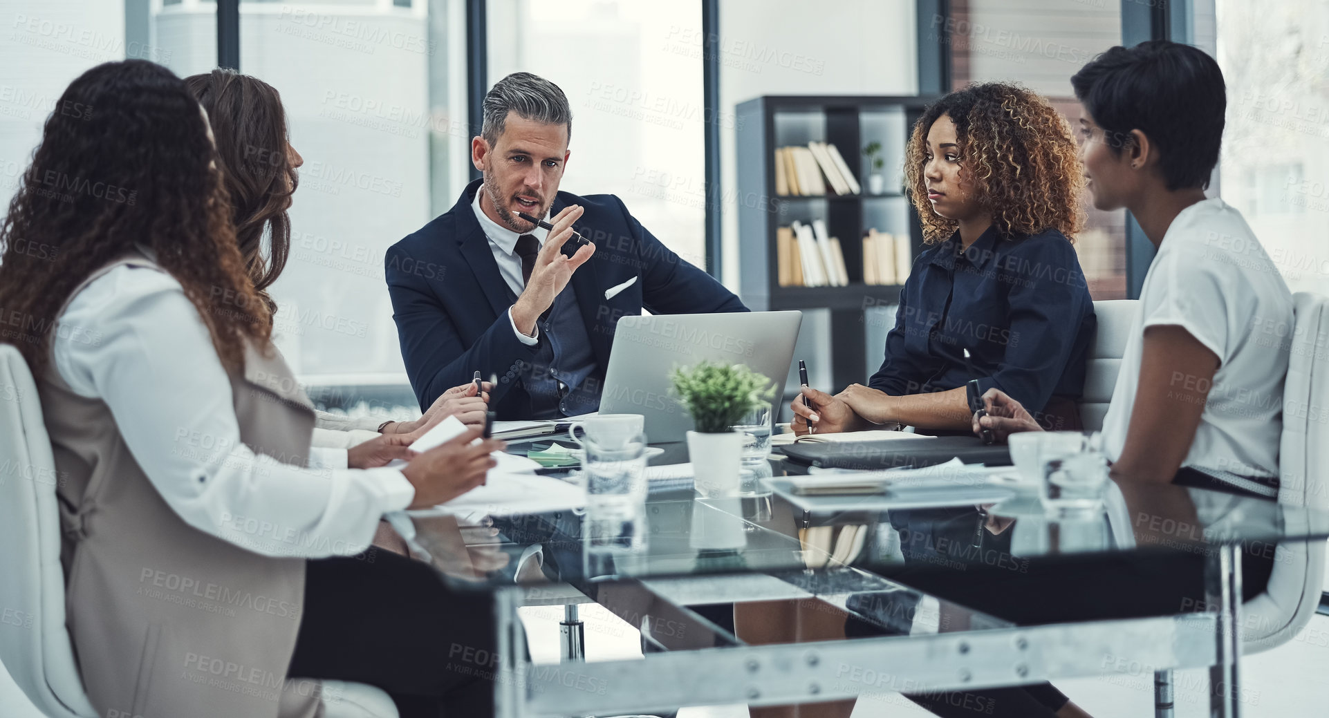 Buy stock photo Meeting, manager and business people in office with laptop for company profit growth with investment. Discussion, computer and team of financial advisors with investor for revenue planning together.
