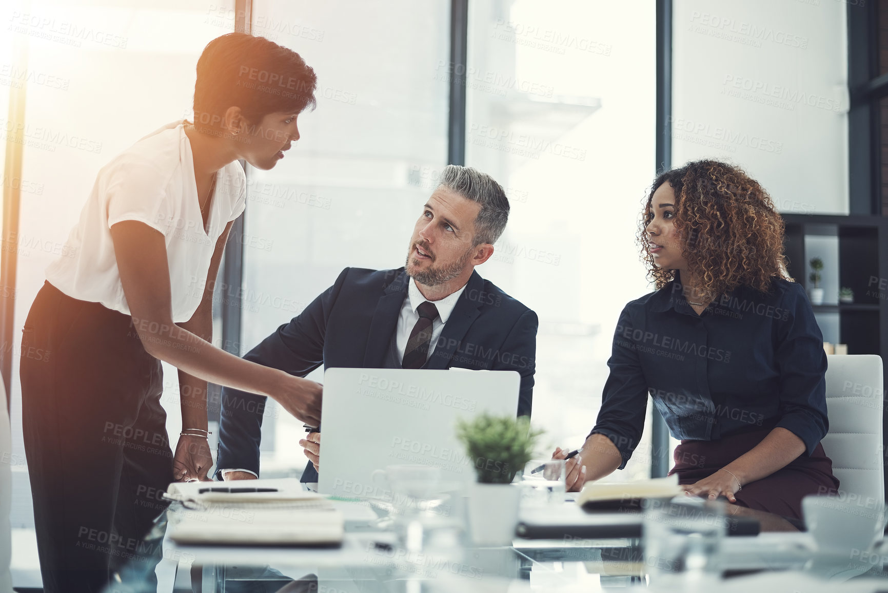 Buy stock photo Corporate, people and meeting on laptop in office for brainstorming, research and reading feedback. Staff, team discussion and online with financial planning, review budget and investment information