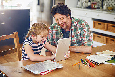 Buy stock photo Homework, father and girl with tablet, smile and happiness with digital app, internet and social media. Apartment, family and elearning with kid, dad and child with technology, typing and connection