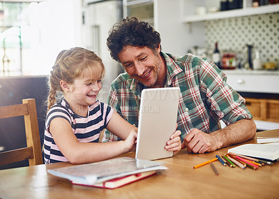 Buy stock photo Homework, father and girl with tablet, relax and happiness with connection, internet and elearning. Apartment, family or single parent with kid, dad or child with tech, typing or online game with app