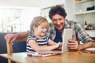 Buy stock photo Happy, dad and girl with tablet for homework in home to read on elearning for child development, knowledge and growth. Parent, kid and support with help for learning on internet for educational games