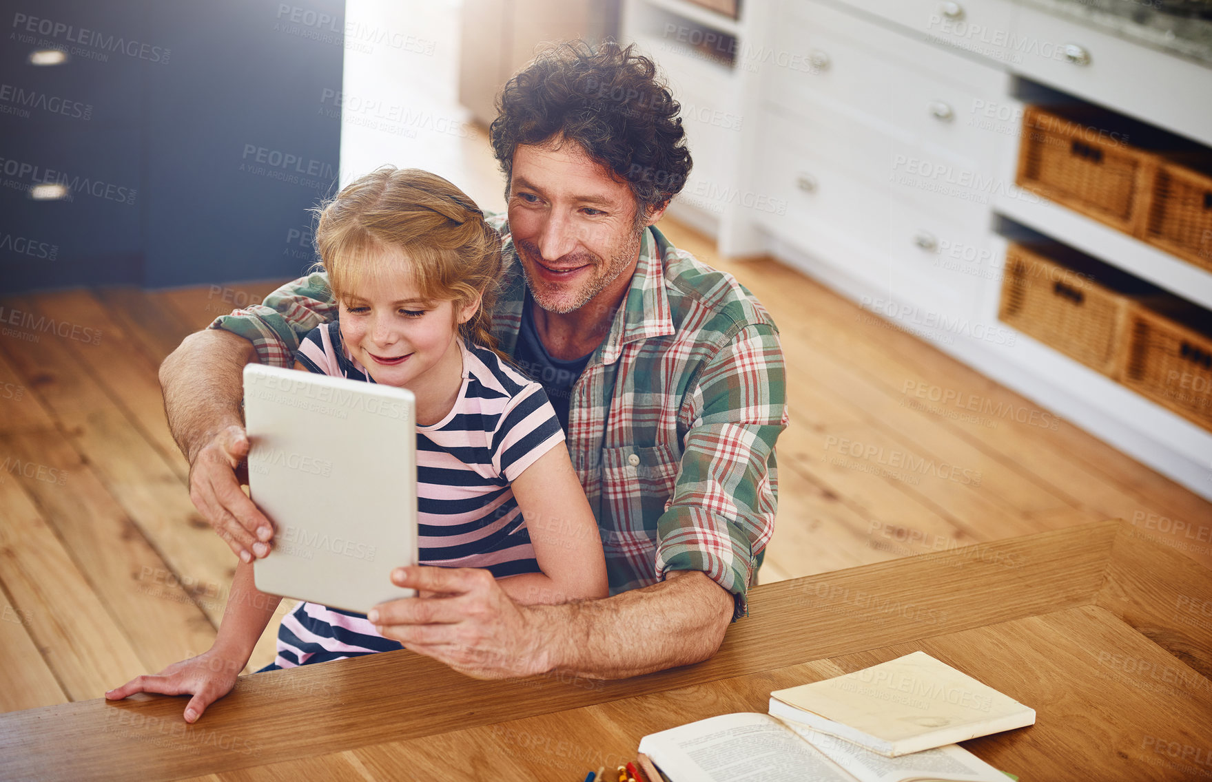 Buy stock photo Home, father and girl with tablet, happiness and elearning with connection, network and social media. Apartment, family and single parent with kid, dad and child with tech, typing and app for game