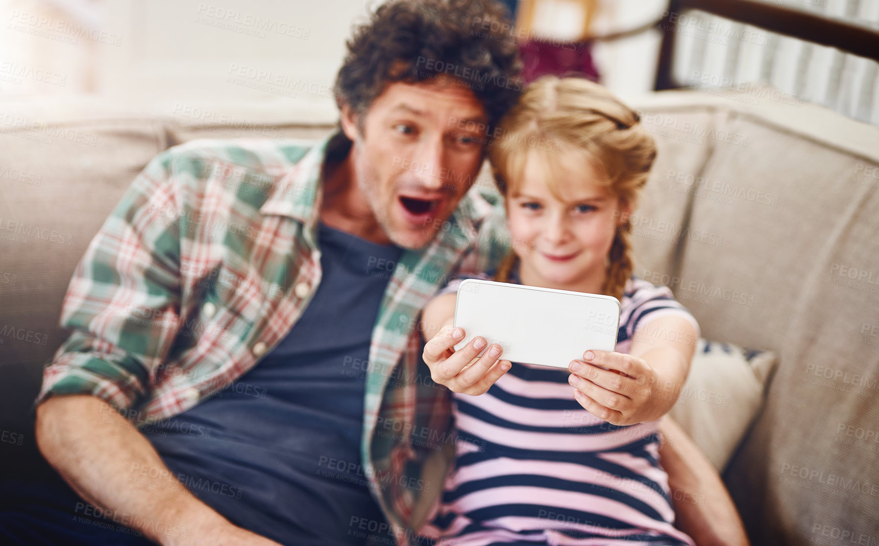 Buy stock photo Happy dad, daughter and relax with selfie for photography, picture or memory together at home. Father, child or little girl with smile for bonding, social media post or weekend moment at house