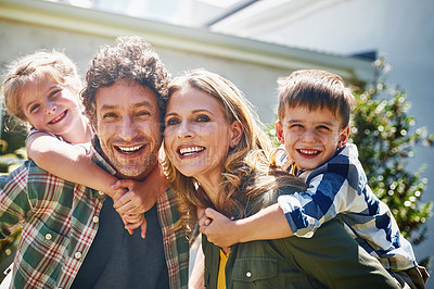 Buy stock photo Portrait of a happy family spending time together outdoors