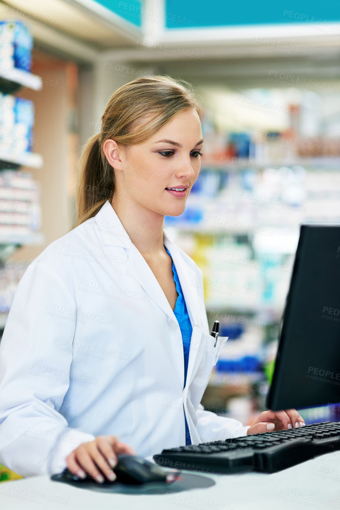 Buy stock photo Woman, pharmacy and computer research with internet for medical job or healthcare, reading for medicine or stock. Female pharmacist, drug store and working with pc for pills check at point of sale