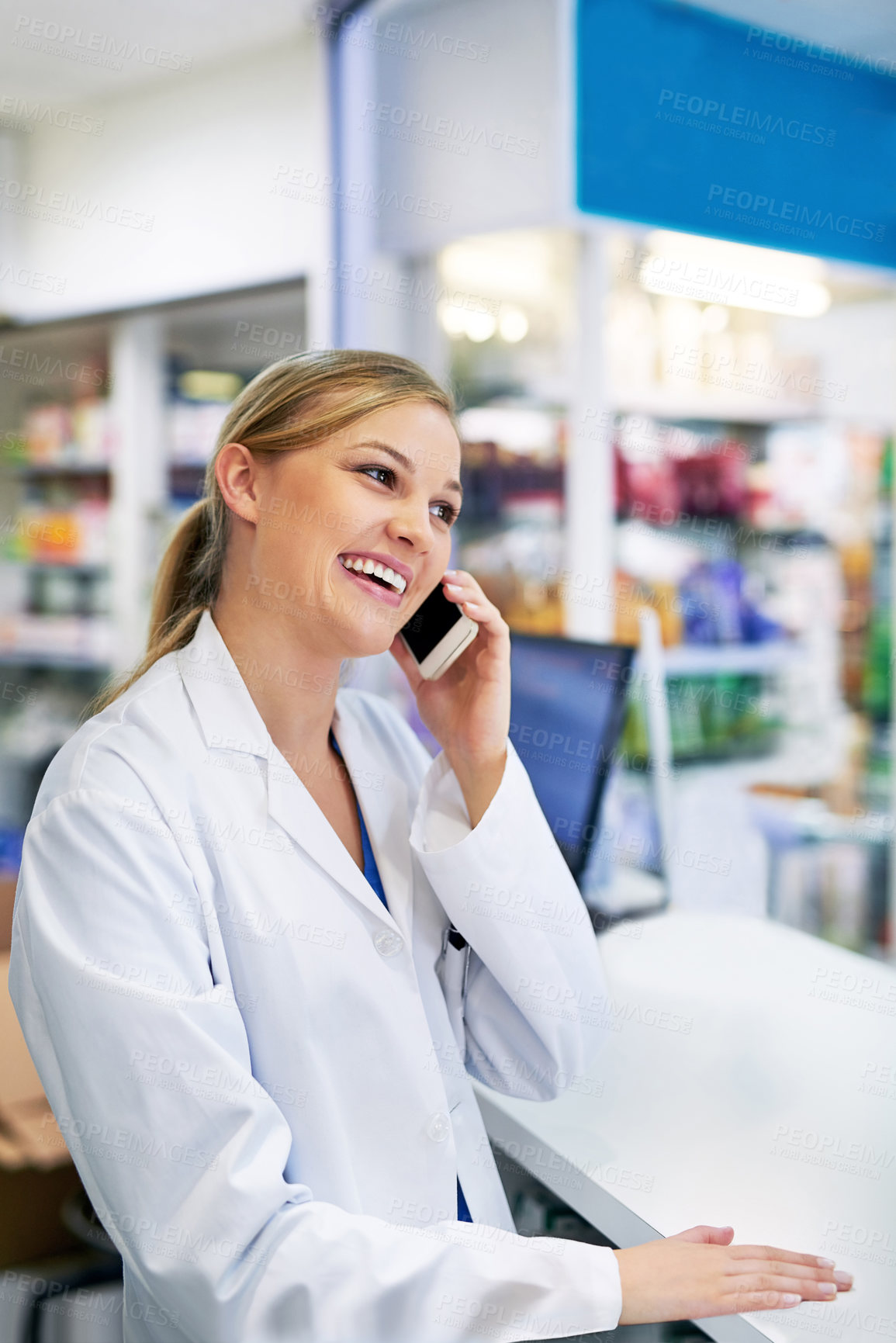 Buy stock photo Woman, pharmacy and phone call with internet for medical job or healthcare, discussion for medicine or stock. Female pharmacist, drug store and working with mobile for telehealth at point of sale