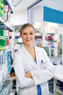 Buy stock photo Woman, portrait and pharmacist with arms crossed for healthcare purchase, professional or medication. Female person, face and drug store for antibiotic sale or flu season product, trust or shopping