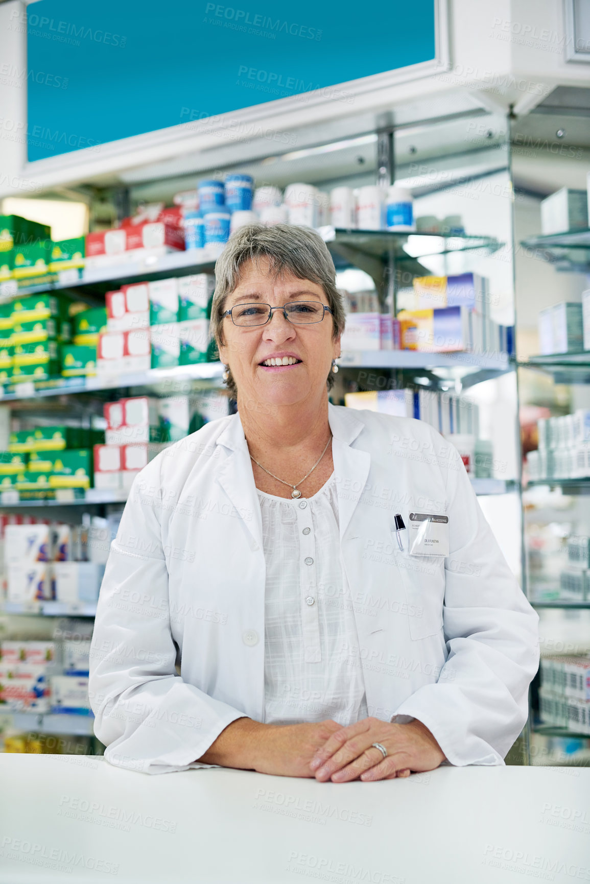 Buy stock photo Woman, mature and pharmacist portrait in pharmacy, trust and drug store or medication dispensary. Healthcare, worker and medicine retailer for career, medical consultant and professional for wellness