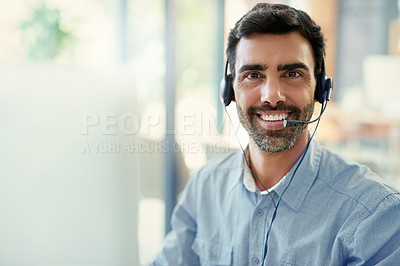 Buy stock photo Portrait, tech support and man with a computer, call center and employee with headphones, crm and telemarketing. Face, office or agent with a headset, customer service and help desk with consultant