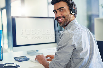 Buy stock photo Portrait, telemarketing and man with a computer, tech support and mockup with headphones, crm and call center. Face, office or agent with a headset, customer service and help desk with consultant