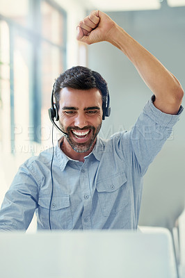 Buy stock photo Office, telemarketing and man with celebration, customer service and computer with achievement. Person, consultant and employee with happiness, pc, tech support and success with kpi target and crm