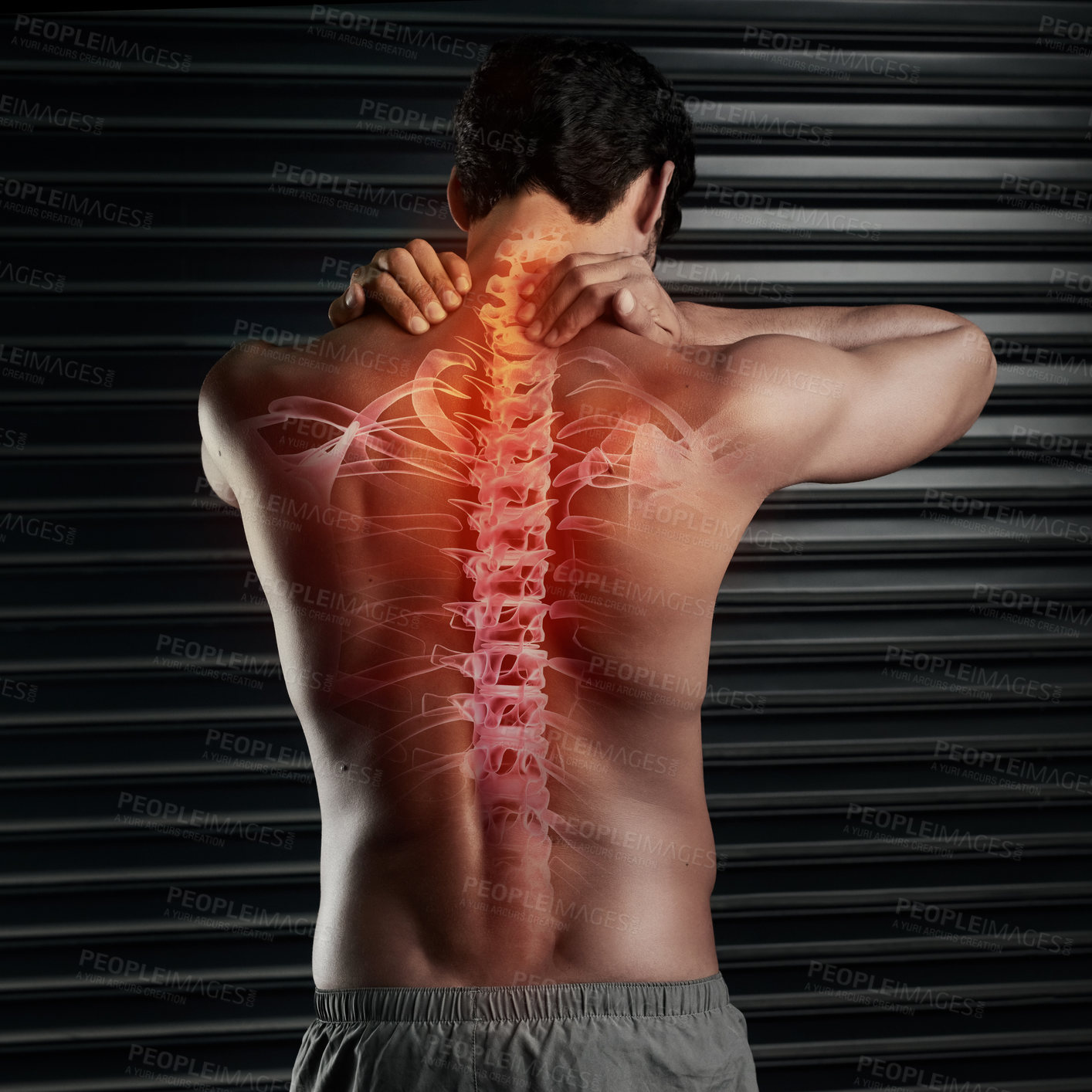 Buy stock photo Back, injury and spine pain of man for fitness, exercise challenge and accident during sports. Male person, overlay and double exposure of red glow, inflammation and anatomy of bodybuilder in gym