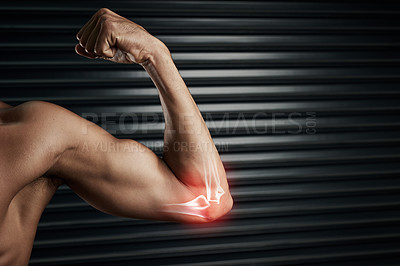 Buy stock photo Elbow, man or exercise with injury, flexing or wellness with workout, muscle tension or wall background. Sports, person or guy with red highlight, fitness or healthy with strength, power or challenge