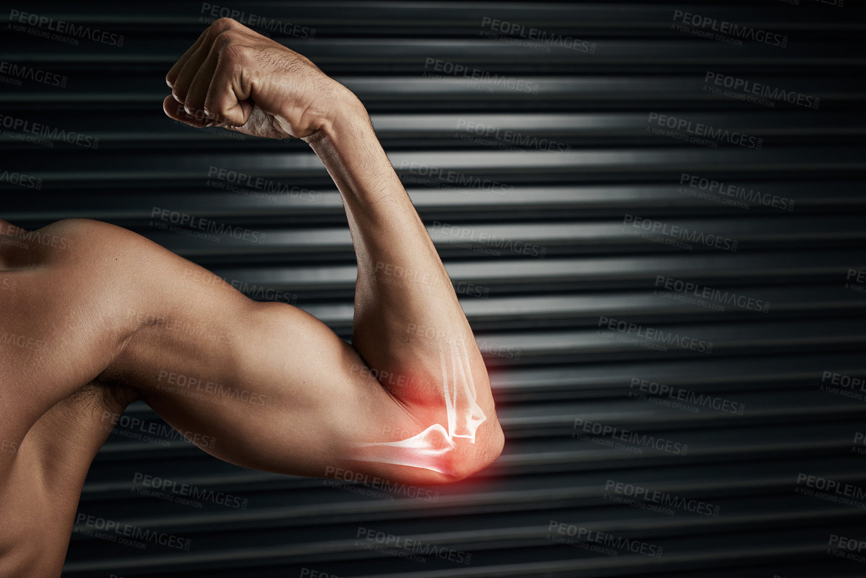 Buy stock photo Elbow, man or exercise with injury, flexing or wellness with workout, muscle tension or wall background. Sports, person or guy with red highlight, fitness or healthy with strength, power or challenge