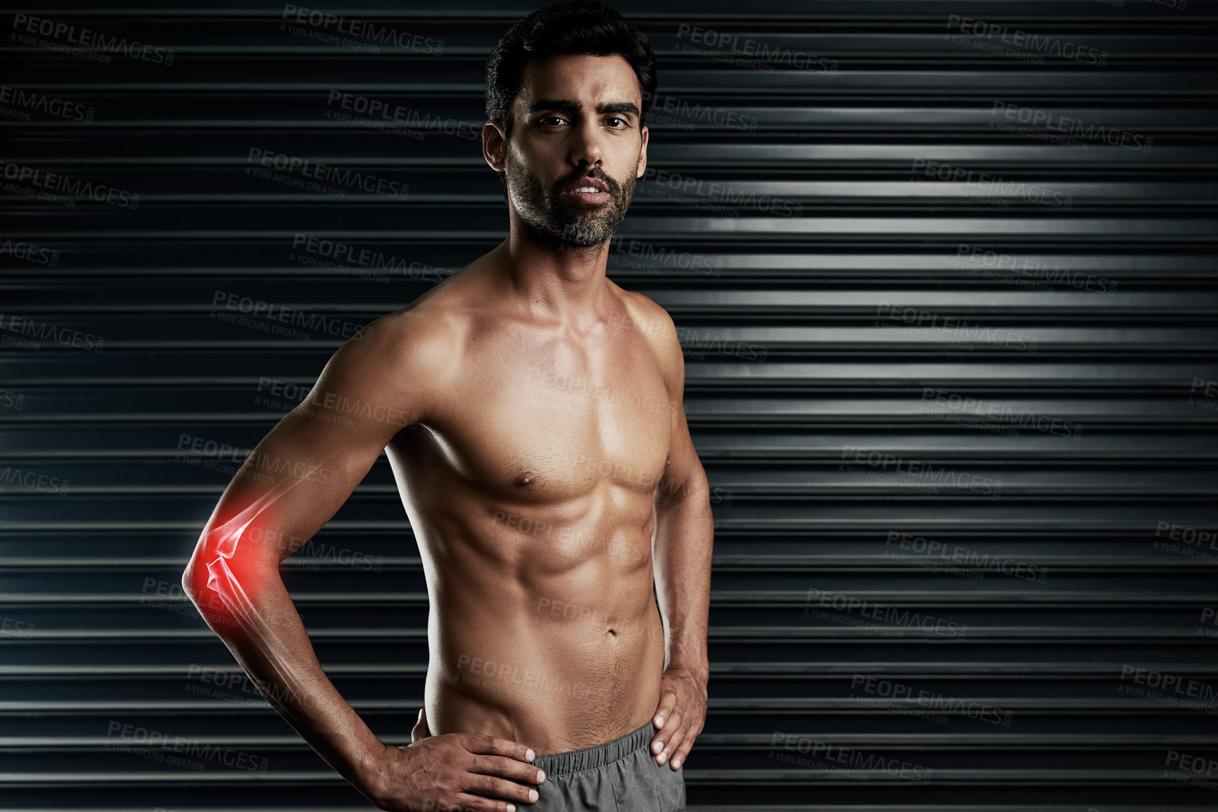 Buy stock photo Portrait, injury and elbow of man for fitness, exercise challenge and accident during sports. Male person, overlay or double exposure of red glow, inflammation and anatomy of bodybuilder in gym