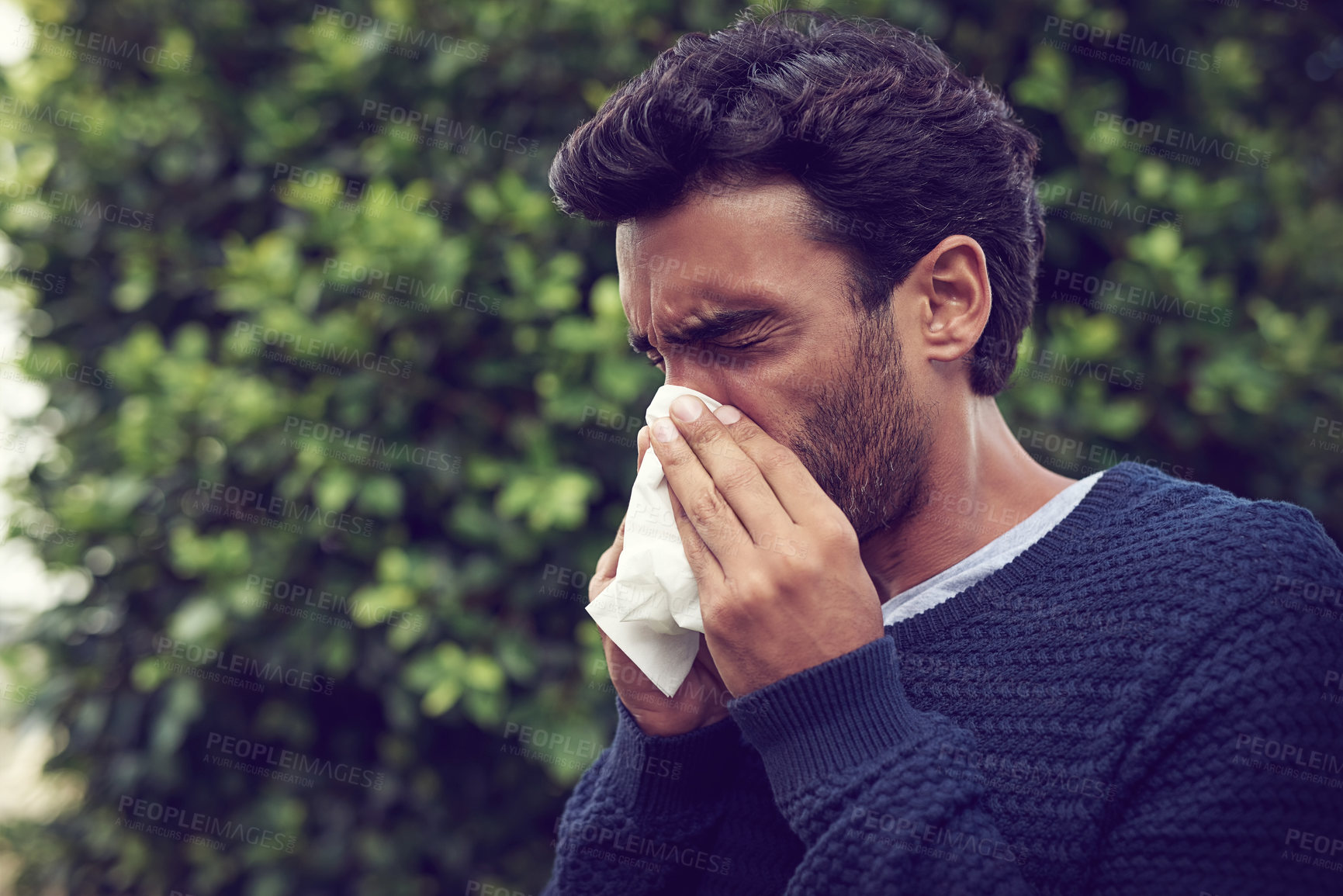 Buy stock photo Sick man, depression and outdoor with allergies, flu or cold in fatigue, virus or hayfever in nature. Male person or tired employee with illness, fever or blowing nose with sinus or symptoms outside