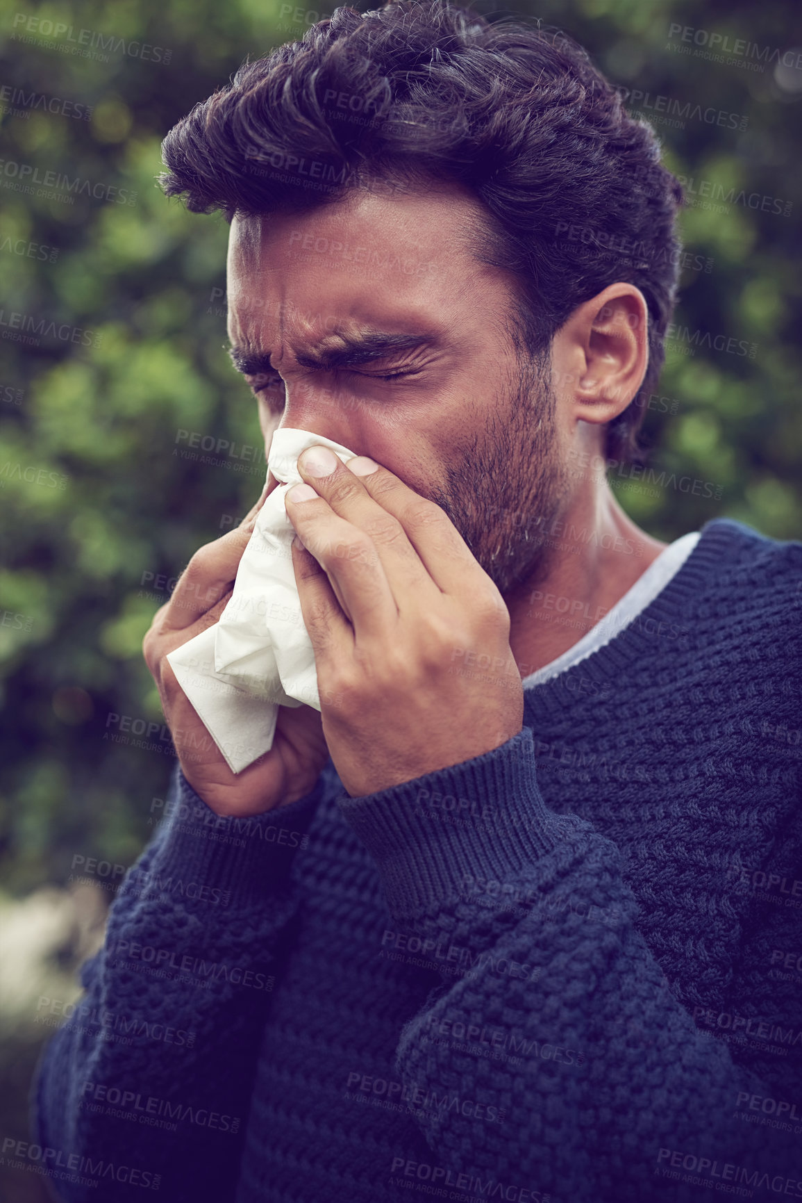 Buy stock photo Sick man, blowing nose and tissue with outdoor allergies in fatigue, virus or sneeze in nature. Young male person or tired employee with illness, fever or cold and flu with sinus or symptoms outside