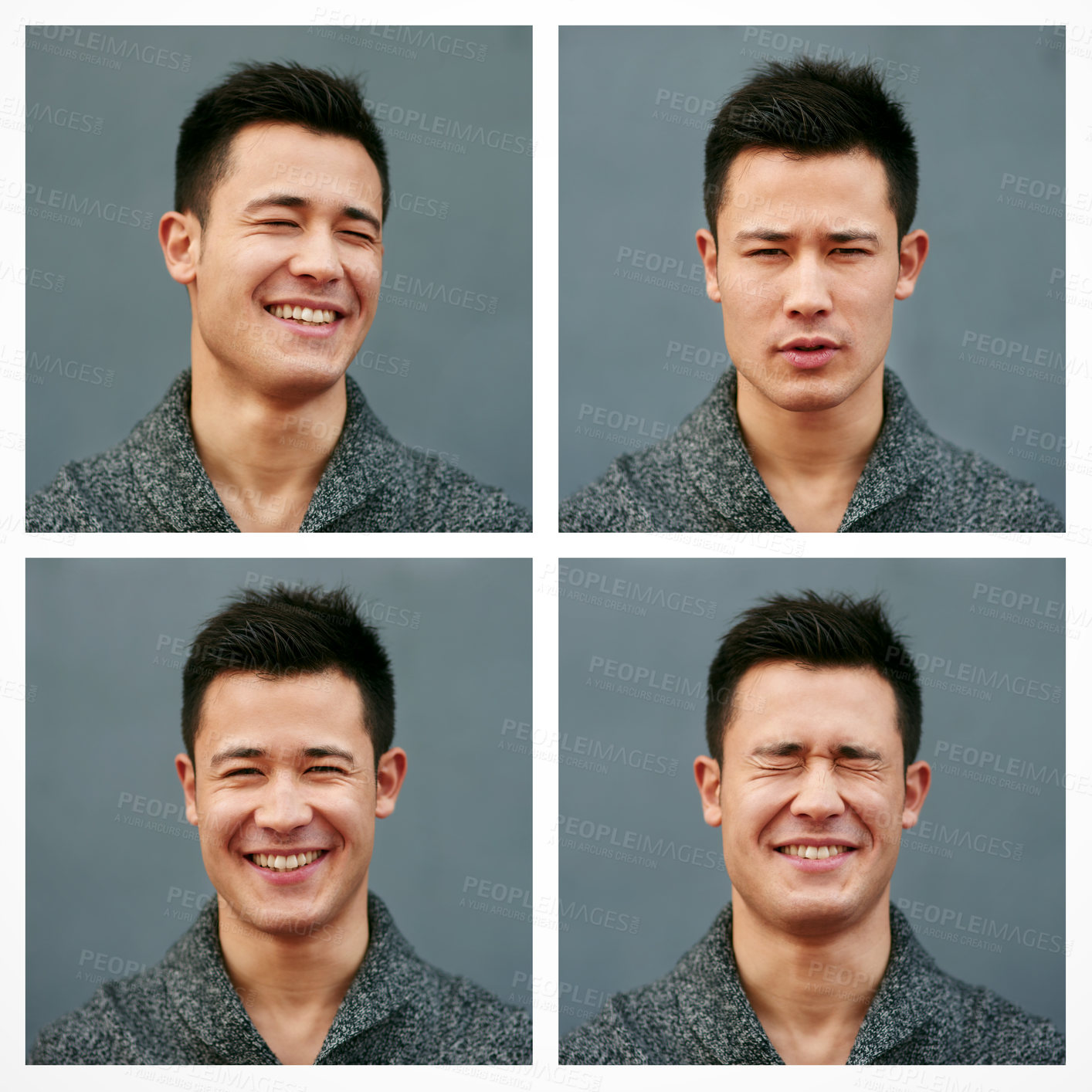 Buy stock photo Composite shot of a young man doing different facial expressions against a grey background