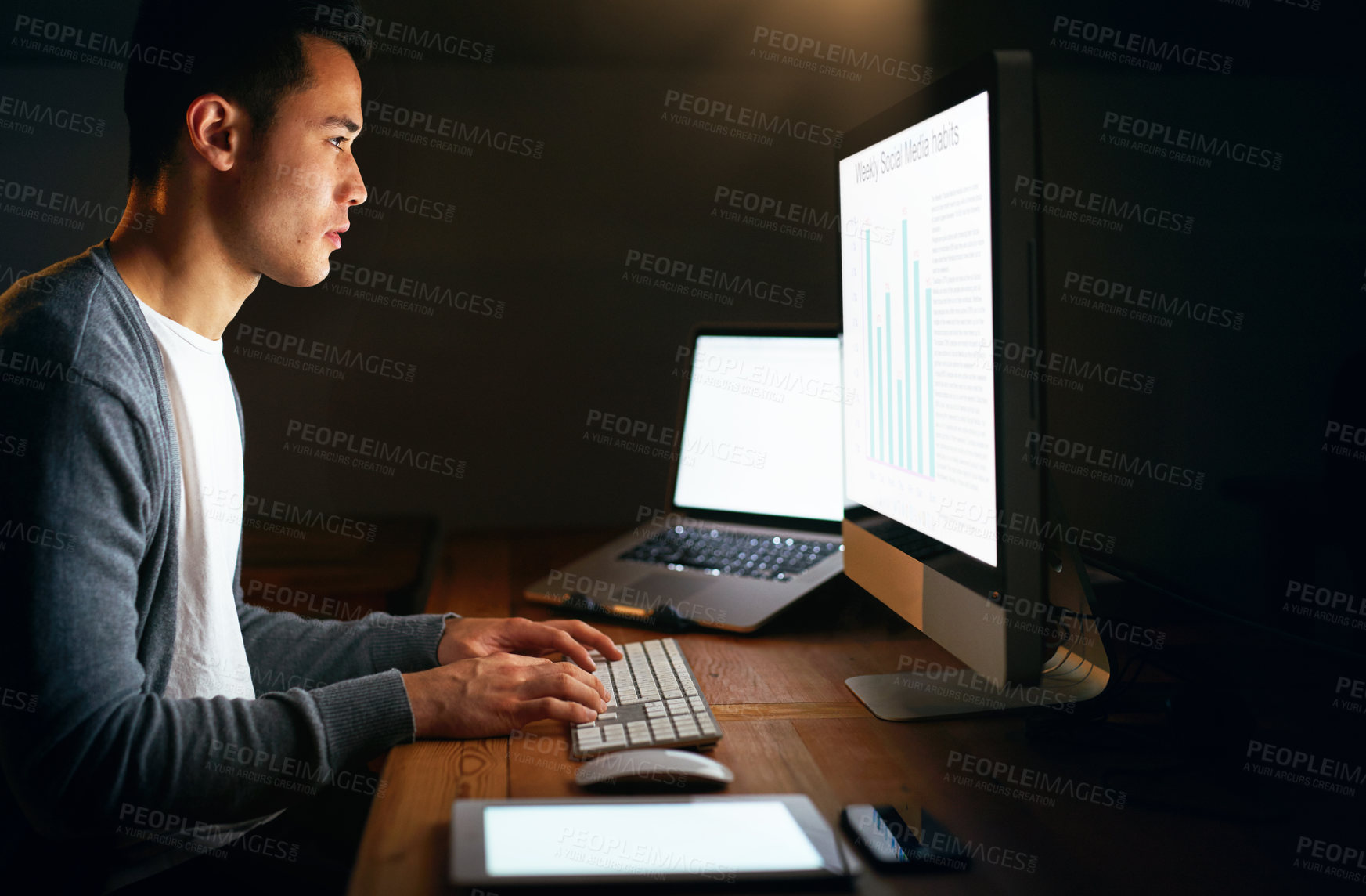 Buy stock photo Businessman, night and computer in office with analytics screen for feedback, review and cyber security in dark. Programmer guy, pc and chart data for software code, app development and website stats