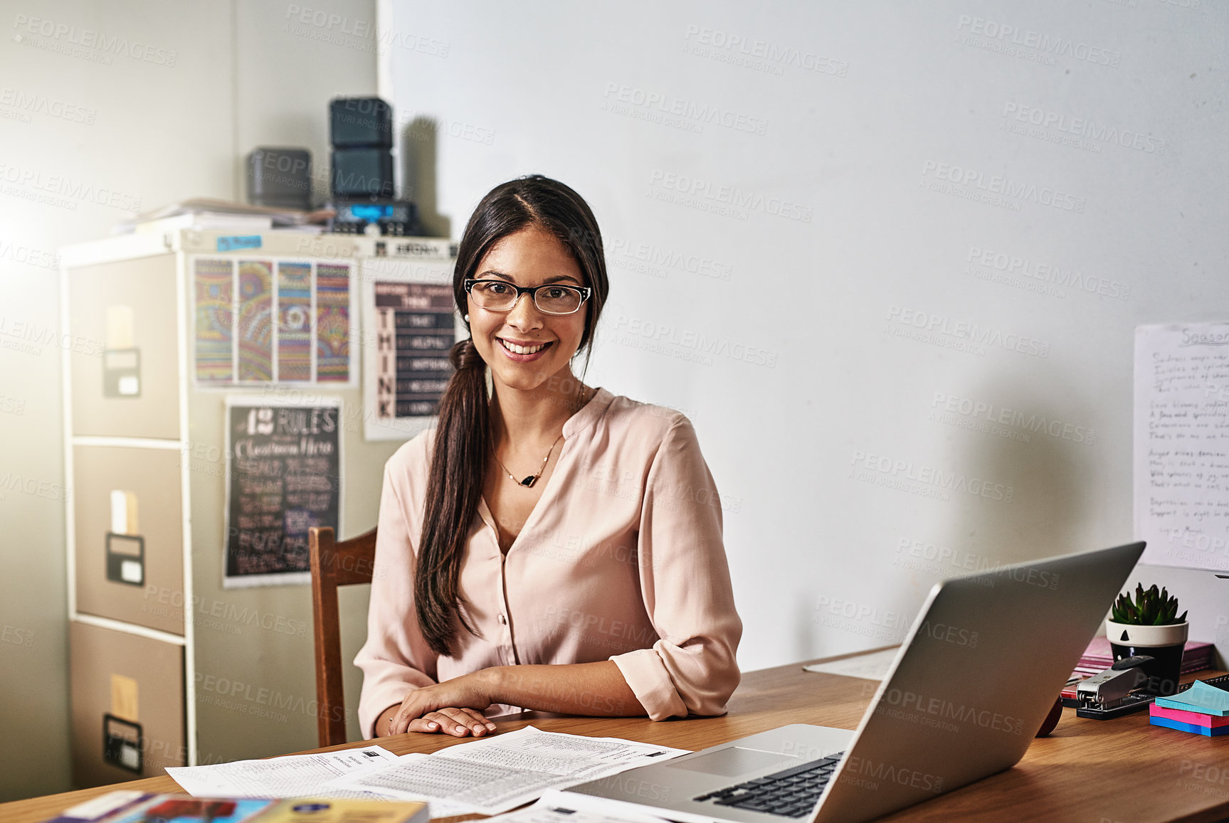 Buy stock photo Portrait, woman and teacher smile in school for education with glasses. Tutor, educator and laptop for learning, knowledge or professional study development in scholarship classroom with happiness