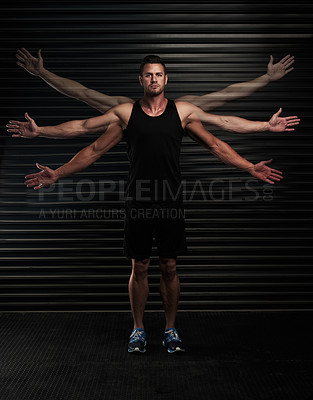 Buy stock photo Full length portrait of an athletic young man waving his arms in the studio