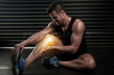 Buy stock photo Fitness, knee pain and injury with man in gym for inflammation, muscle and x ray. Medical, workout and accident with male bodybuilder and hurt leg for exercise, emergency and sports problem