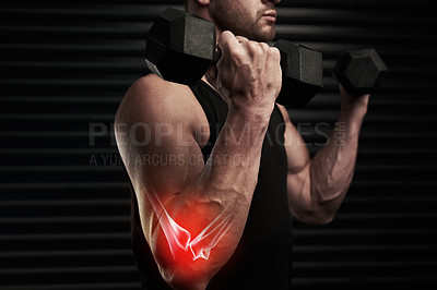 Buy stock photo Man, arm and weight lifting with muscle skeleton in gym with 3d anatomy, orthopedic xray and red glow. Athlete, bicep and dumbbell with overlay in joint from exercise, workout and physical activity