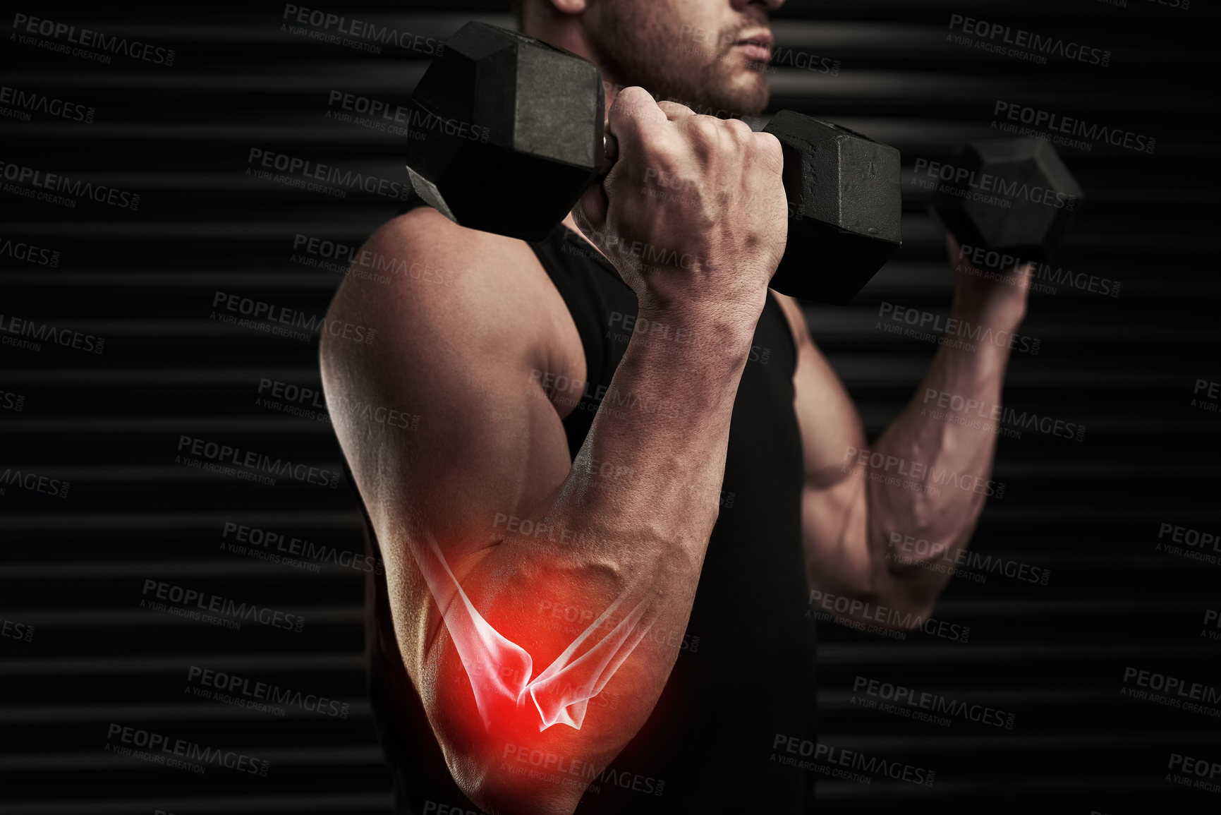 Buy stock photo Man, arm and weight lifting with muscle skeleton in gym with 3d anatomy, orthopedic xray and red glow. Athlete, bicep and dumbbell with overlay in joint from exercise, workout and physical activity