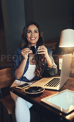 Buy stock photo Woman, thinking and freelancer for coffee at night, copywriter and research for article deadline. Female person, ideas and espresso for feature proposal or column, planning and online for remote work