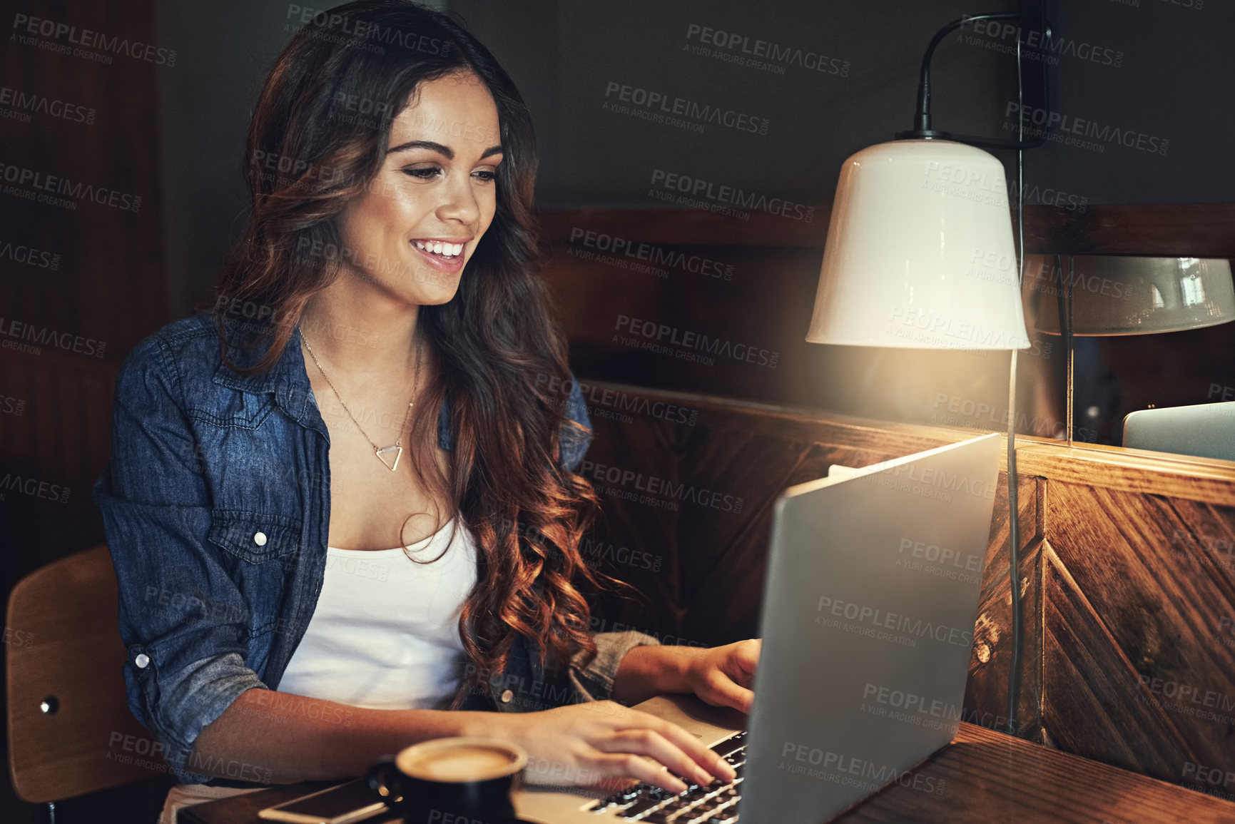 Buy stock photo Freelance, typing and woman in cafe with laptop, research info and planning for article angle. Restaurant, female person or content writer with computer for self employed, publication and wordpress