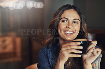 Buy stock photo Thinking, relax and happy woman in coffee shop with cup for daydreaming, peace or break before class. Remember, student and female person with mug for hot beverage, memory or thoughtful in cafe