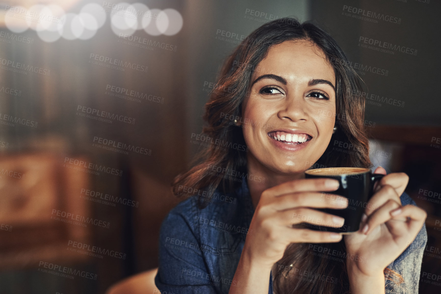 Buy stock photo Thinking, relax and happy woman in coffee shop with cup for daydreaming, peace or break before class. Remember, student and female person with mug for hot beverage, memory or thoughtful in cafe