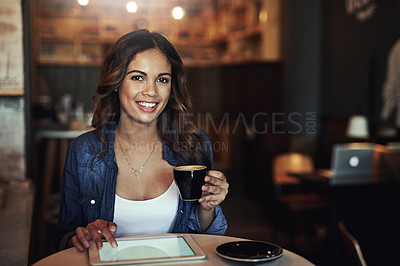 Buy stock photo Woman, portrait and smile with tablet in cafe, digital screen and happy or browsing online for social media or news. Relax, connection and freelance blogger with tech, restaurant and coffee break