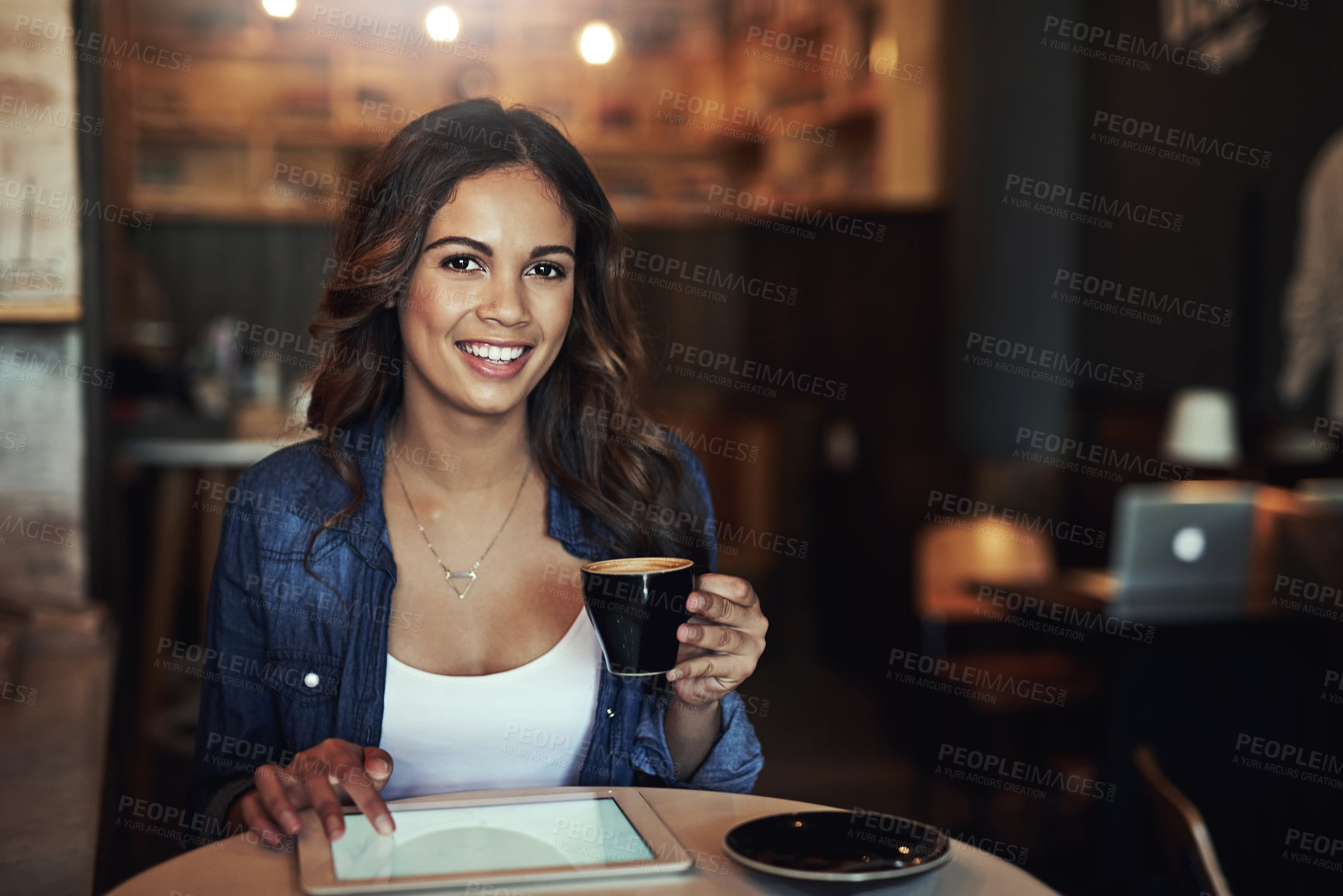 Buy stock photo Woman, portrait and smile with tablet in cafe, digital screen and happy or browsing online for social media or news. Relax, connection and freelance blogger with tech, restaurant and coffee break